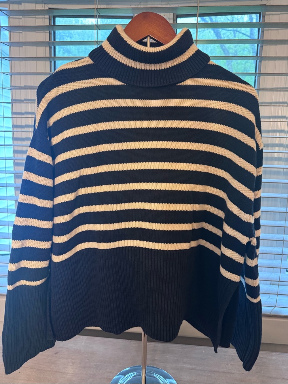 GAP Black and Cream Striped Ribbed Turtleneck Sweater